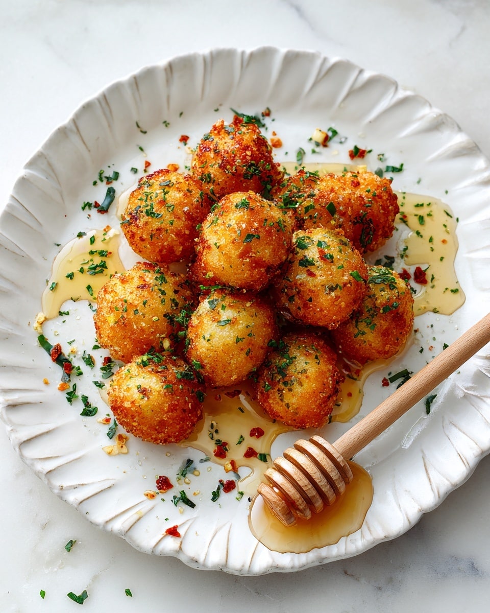 A white scalloped plate holds around eighteen small, round golden-brown fried balls evenly spaced in three rows, each ball topped with small green chopped herbs. Light amber honey is drizzled underneath and around the balls on the plate, with a wooden honey dipper resting on the plate’s edge partly surrounded by honey. The plate sits on a white marbled textured surface. photo taken with an iphone --ar 4:5 --v 7