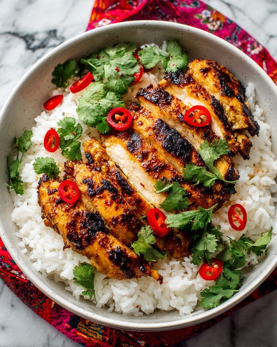 This image shows a round brown bowl placed on a white marbled surface, filled with a dish that has three large pieces of golden-brown grilled chicken on the top. The chicken has a slightly charred texture with spices visible on the skin. Underneath the chicken is a layer of white cooked rice, fluffy and distinct. Small green cilantro leaves and thin slices of red chili are sprinkled over the chicken, adding a pop of color. The bowl is set on a colorful patterned cloth, with a white bowl of white rice and a small bowl of red spice visible in the blurred background. Photo taken with an iphone --ar 4:5 --v 7