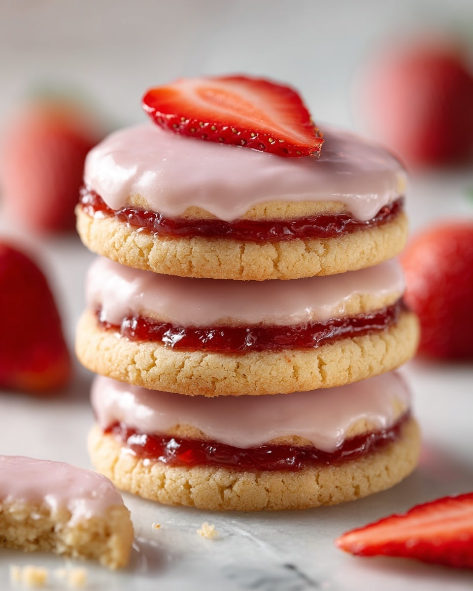 A close-up of a stack of three round cookies with three visible layers each: a light golden, crumbly cookie base at the bottom, a middle layer of shiny, deep red strawberry jam, and a top thin layer of light pink icing speckled with tiny red bits. Each cookie top is decorated with fresh, bright red strawberry slices embedded in the icing. The stack is surrounded by more similar cookies lying flat, all on a white marbled textured surface. Photo taken with an iphone --ar 4:5 --v 7