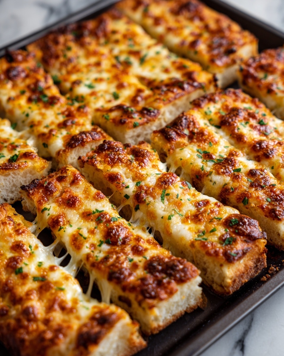 The image shows several sourdough cheesy breadsticks laid out side by side on a surface. Each breadstick has two main layers: a light golden-brown sourdough base with a slightly crispy texture, and on top, a melted layer of creamy white cheese with golden brown bubbly spots and hints of toasted edges. Small green herb flakes are sprinkled evenly across the cheese layer adding a touch of color and texture. The breadsticks appear soft and fluffy inside with the cheese pulling slightly where they are separated. The whole scene sits on a white marbled surface. photo taken with an iphone --ar 4:5 --v 7