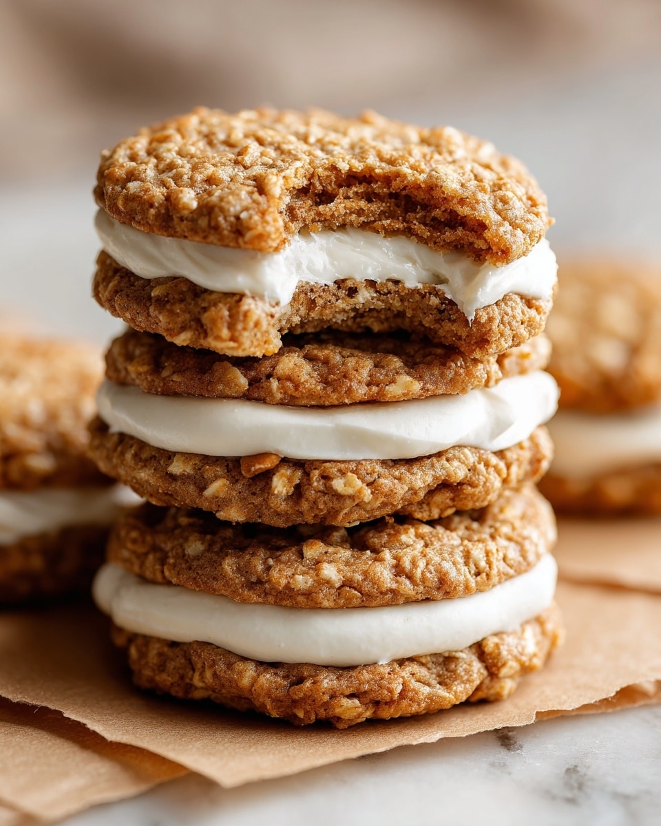The image shows a stack of three oatmeal cookie sandwiches on a piece of brown parchment paper. Each sandwich has two golden-brown oatmeal cookies with textured, bumpy tops and a thick white creamy filling in the middle. The top sandwich has a bite taken out of it, revealing the soft white filling clearly. The scene is set on a white marbled surface, and in the background, there is a blurred glass of milk. photo taken with an iphone --ar 4:5 --v 7