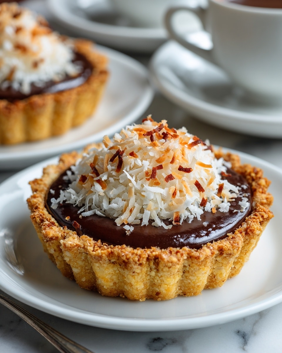 A small tart with a golden, crumbly crust forms the outer layer, holding a thick, smooth, and shiny dark chocolate filling inside. On top of the chocolate layer, there is a mound of toasted coconut flakes, showing a mix of white and light brown colors that add texture and contrast. The tart sits on a white plate, placed on a white marbled surface, with a blurred background that includes a cup and another tart. Photo taken with an iphone --ar 4:5 --v 7