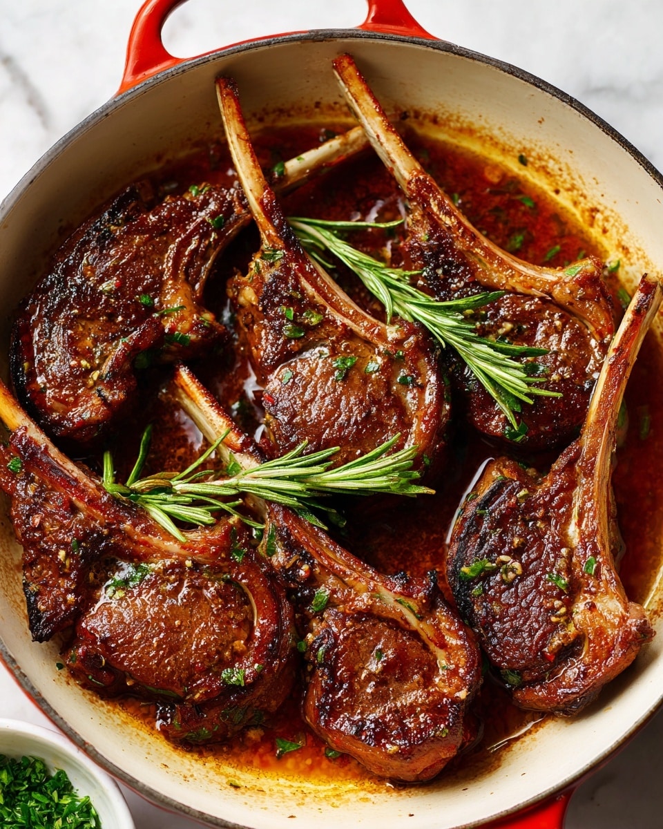 The image shows a close-up of six cooked lamb chops resting in a shallow pool of golden brown sauce inside a white enamel pot with a red handle. Each chop has a browned, slightly crispy exterior with some fat visible on top and small bits of seasoning sprinkled on the meat. The bones extend upwards, with the chops arranged facing different angles. Two sprigs of fresh green rosemary lie at the bottom left and near the top right of the pot, adding contrast. The background features a white marbled texture with a small white bowl of chopped green herbs visible in the lower left corner. Photo taken with an iphone --ar 4:5 --v 7