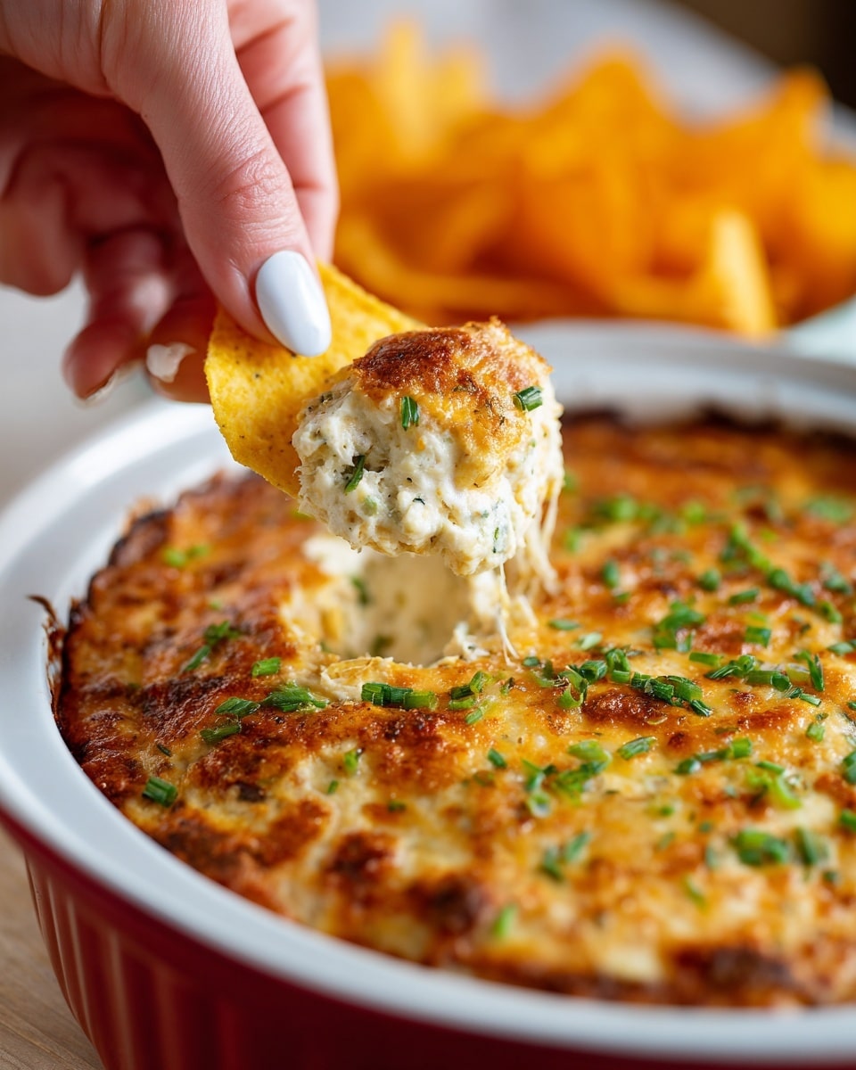 A white baking dish with a red rim holds a creamy dip that has a golden brown baked cheese crust on top, sprinkled with chopped green chives. A woman's hand with pale pink nails is lifting a yellow chip covered in the thick, white and creamy dip with visible crumbs and green chive pieces. The dip looks smooth but slightly textured with melted cheese and browned spots on the surface. The dish is set on a white marbled surface. photo taken with an iphone --ar 4:5 --v 7