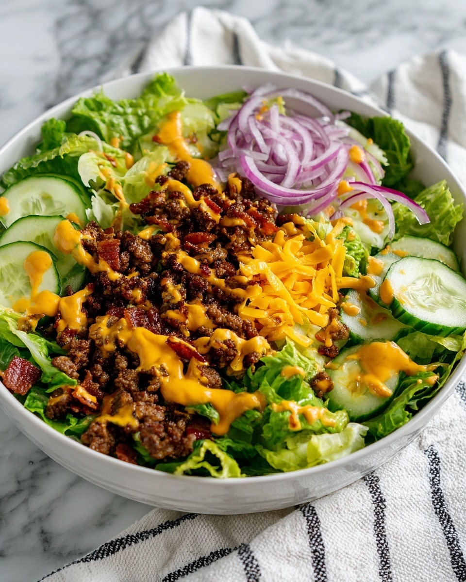 A white bowl holds a layered salad starting with fresh, bright green romaine lettuce leaves at the base. On top, there is a layer of thinly sliced light green pickles scattered around. Dark brown cooked ground beef pieces and small chunks of crispy reddish-brown bacon are sprinkled evenly over the salad. Bright orange shredded cheddar cheese is scattered lightly on top. The center features a small pile of thinly sliced purple-red onions. The whole salad is drizzled with a creamy light orange dressing. The bowl sits on a white marbled surface with a striped white and gray cloth napkin visible on the side. Photo taken with an iphone --ar 4:5 --v 7
