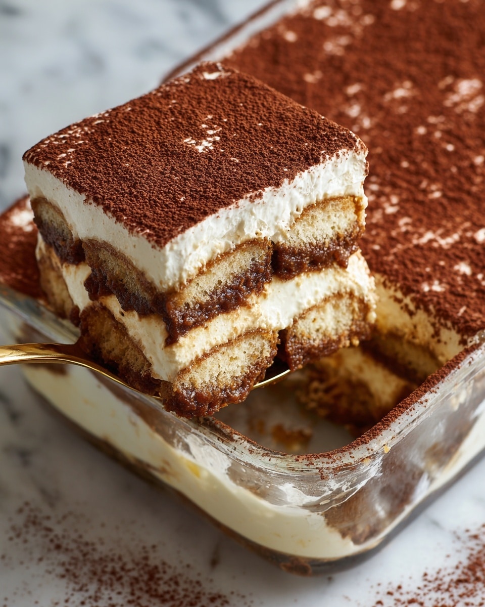 A close-up of a glass container filled with tiramisu, showing three visible layers: the bottom soaked sponge layer in light brown, a middle thick white creamy layer, and a top dark brown cocoa powder layer with a soft texture. A gold spoon lifts a portion from the container, revealing the soaked sponge layer beneath the creamy layer. The background is a soft white marbled texture. Photo taken with an iphone --ar 4:5 --v 7