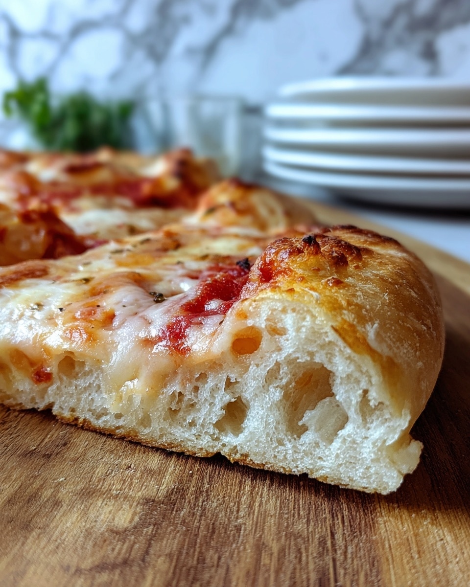 A close-up side view of a pizza slice showing a thick, bubbly golden-brown crust with a soft, airy inside and melted cheese on top that is lightly browned and slightly uneven in texture, resting on a wooden surface with blurred white plates in the background on a white marbled texture. Photo taken with an iphone --ar 4:5 --v 7