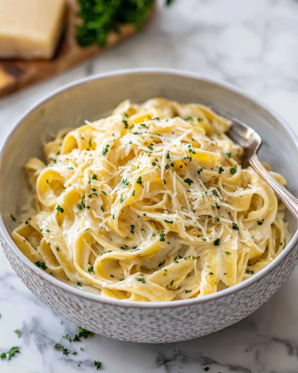 The dish shows a close-up of creamy fettuccine pasta served in a white bowl with a textured rim. The pasta noodles are thick, flat, and coated evenly in a smooth, pale yellow cheese sauce that glistens under the light. Small bits of finely chopped green herbs are scattered lightly on top, adding a touch of color. A silver fork rests on the left edge of the bowl, partially in the pasta. The bowl sits on a white marbled surface with some green parsley and a wedge of cheese blurred in the background. photo taken with an iphone --ar 4:5 --v 7