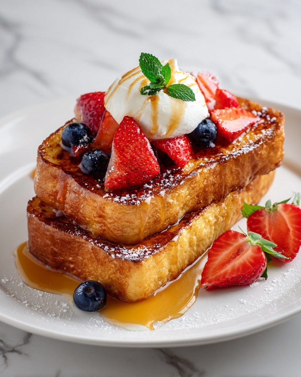 Two thick slices of golden-brown French toast are stacked in the center of a white plate, with a slight crispy texture visible on the edges. On top of the toast, there is a layer of bright red strawberry slices and a few dark blue blueberries, adding a fresh, juicy contrast. Above the berries, a dollop of white whipped cream sits, slightly melting, with a drizzle of golden syrup running down its side. A fresh green mint leaf garnishes the top, adding a pop of color. Next to the stack on the plate, two halved strawberries lie flat, showing their juicy, red interior with green leaves. A pool of syrup surrounds the bottom of the toast, and a fine dusting of powdered sugar adds a delicate finish. The background is a white marbled texture. photo taken with an iphone --ar 4:5 --v 7