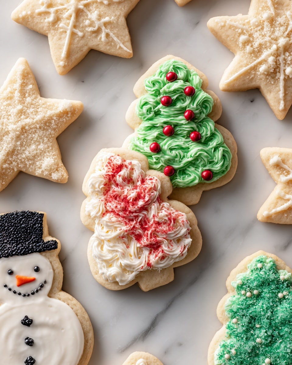 The image shows two groups of sugar cookies on a white marbled surface: the top group has plain cookies shaped like a snowflake, star, and tree with smooth, light beige surfaces and clean edges; the bottom group has decorated cookies with thick, colorful icing in red, white, green, and black, shaping festive patterns such as a snowman with a green hat and a happy face, a candy cane with red and white stripes, and Christmas trees with green textured icing and small red and brown dots. The cookies are arranged closely together with a clear contrast between the plain and decorated ones. photo taken with an iphone --ar 4:5 --v 7