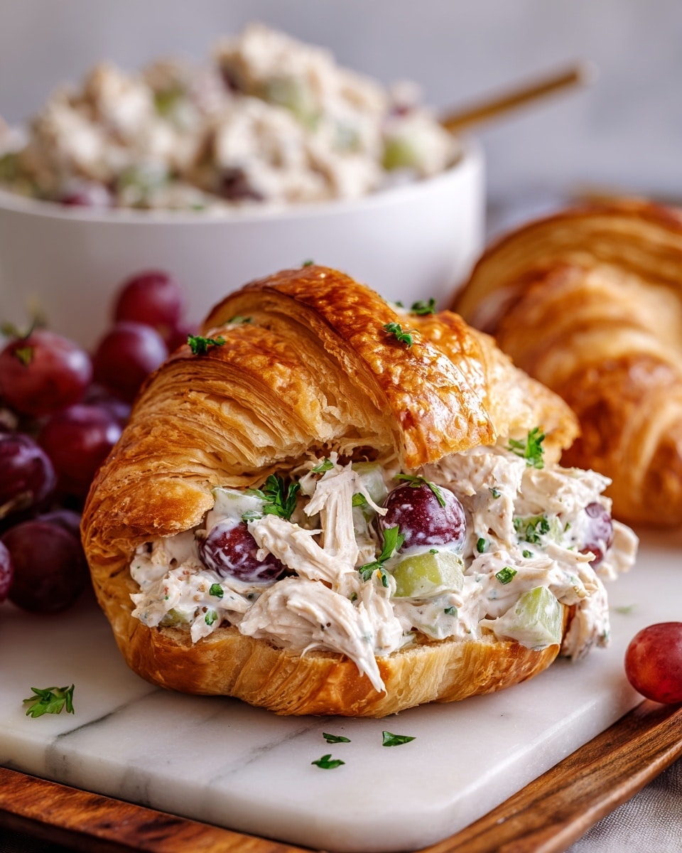 A flaky golden brown croissant cut open and filled with creamy chicken salad that includes white shredded chicken pieces, halved red grapes, and small diced light green celery, all mixed in a white dressing with small green parsley leaves sprinkled inside and around the filling. The croissant sits on a wooden board with a white marbled surface underneath, with some whole red grapes blurred in the background and a white bowl filled with the same chicken salad slightly out of focus behind it. photo taken with an iphone --ar 4:5 --v 7