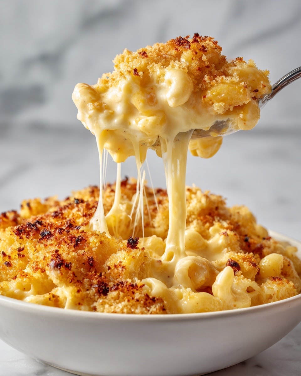 The image shows a close-up of a creamy mac and cheese being lifted from a white bowl, with the focus on the spoonful held above the bowl. The dish has two main layers: the bottom layer is soft, stretchy, pale yellow macaroni with melted cheese, and the top layer is a thick, golden-brown, crispy breadcrumb crust with a rough texture. Strings of melted cheese stretch from the scoop to the bowl below, emphasizing the gooey texture. The bowl is placed on a white marbled surface, and the background is blurred to keep attention on the cheesy dish. Photo taken with an iphone --ar 4:5 --v 7