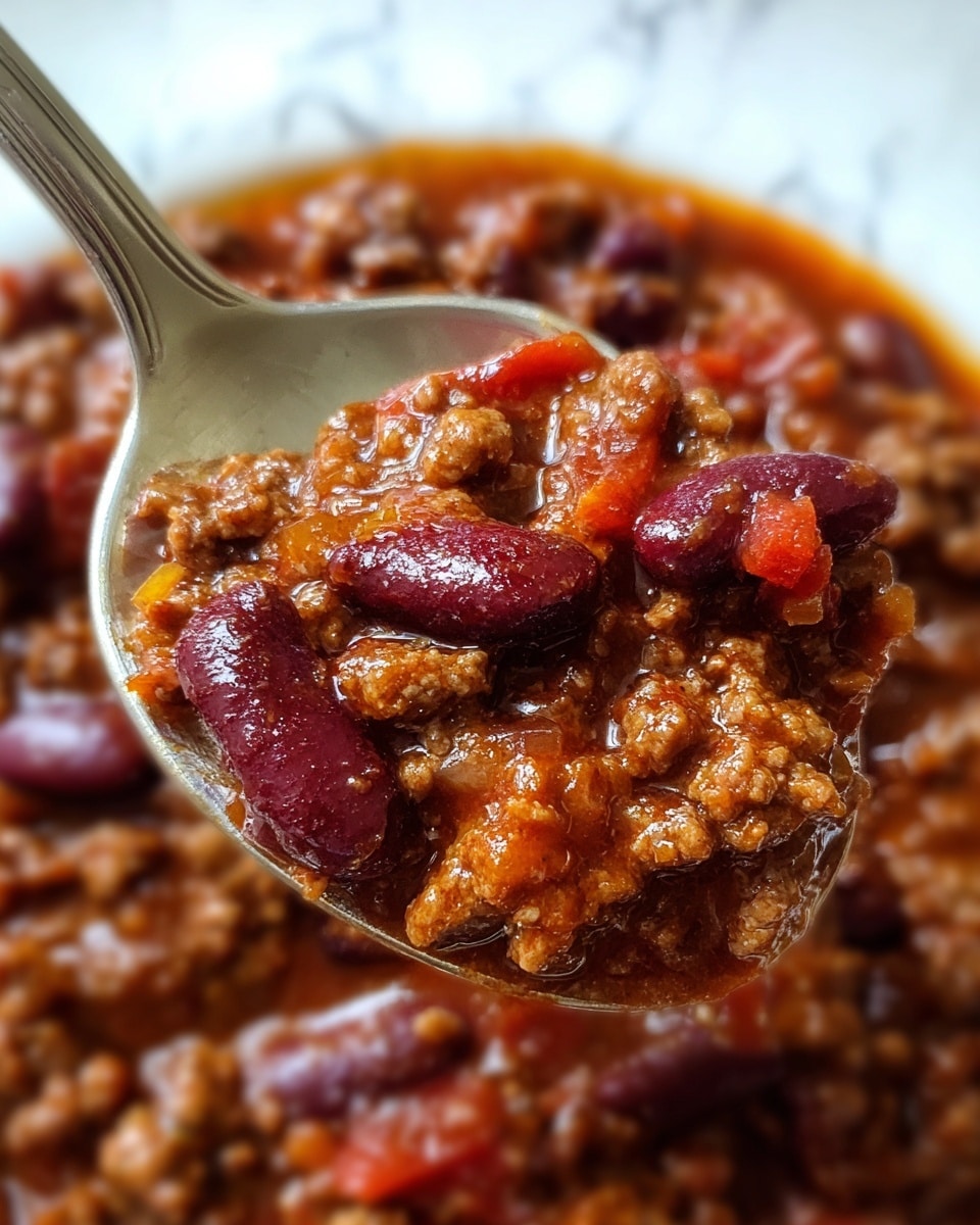 A close-up view of a spoon filled with thick chili, showing three main layers: a dense layer of ground meat with a coarse texture and deep brown color; a layer of kidney beans scattered throughout the meat, shiny and dark red; and a rich, glossy tomato sauce covering everything with a reddish-brown hue, giving the chili a moist and hearty look. The background is the same chili mixture, out of focus, placed on a white marbled surface. photo taken with an iphone --ar 4:5 --v 7