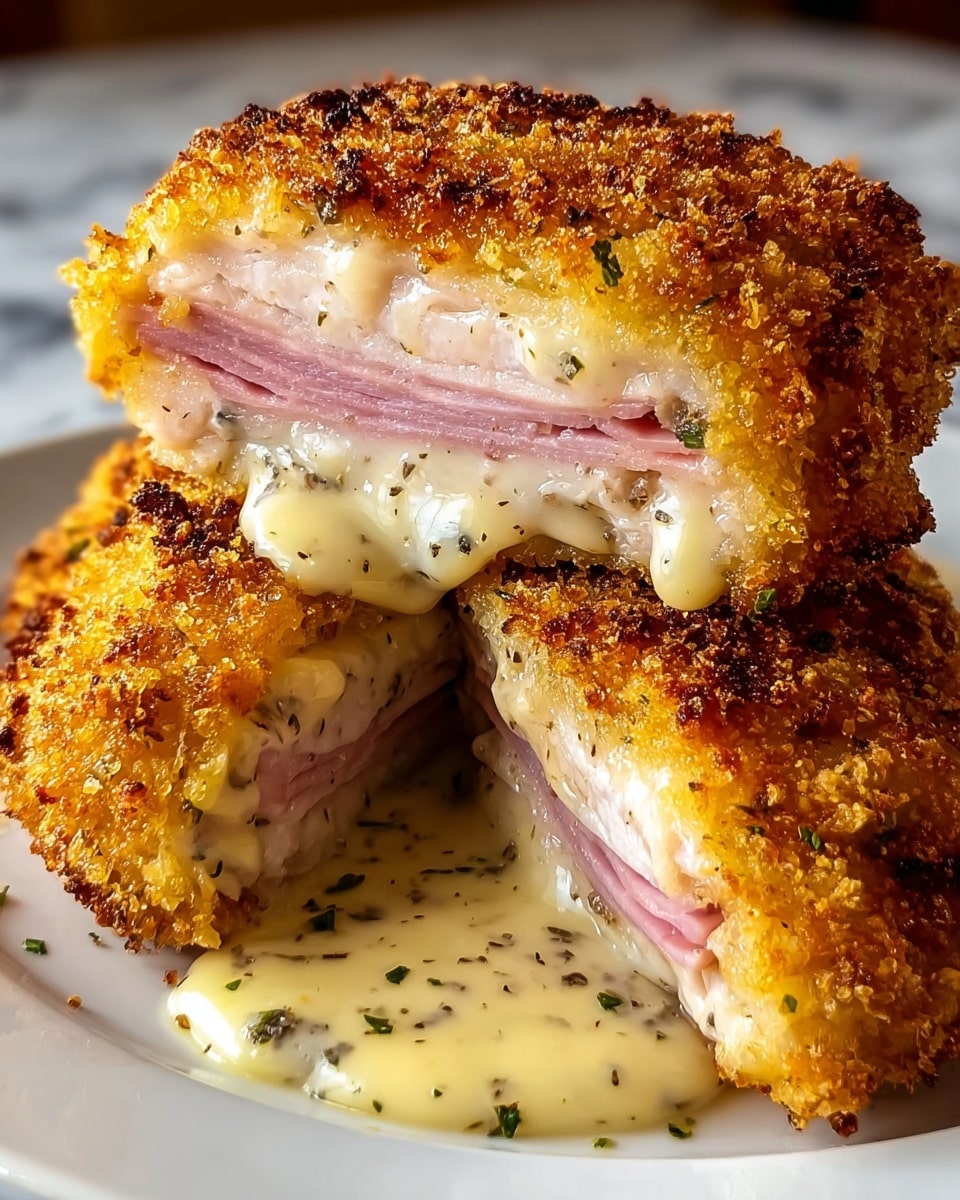 The image shows two pieces of golden brown crispy fried chicken stacked on a white plate with a dotted rim. The top piece is cut in half, revealing layers inside: a crunchy outer breading, a creamy white sauce with black pepper specks and herbs, and three thick slices of pink ham stacked in the middle. The creamy sauce is spilling out from the cut chicken, pooling on the plate below. The background is a blurred white marbled texture. photo taken with an iphone --ar 4:5 --v 7