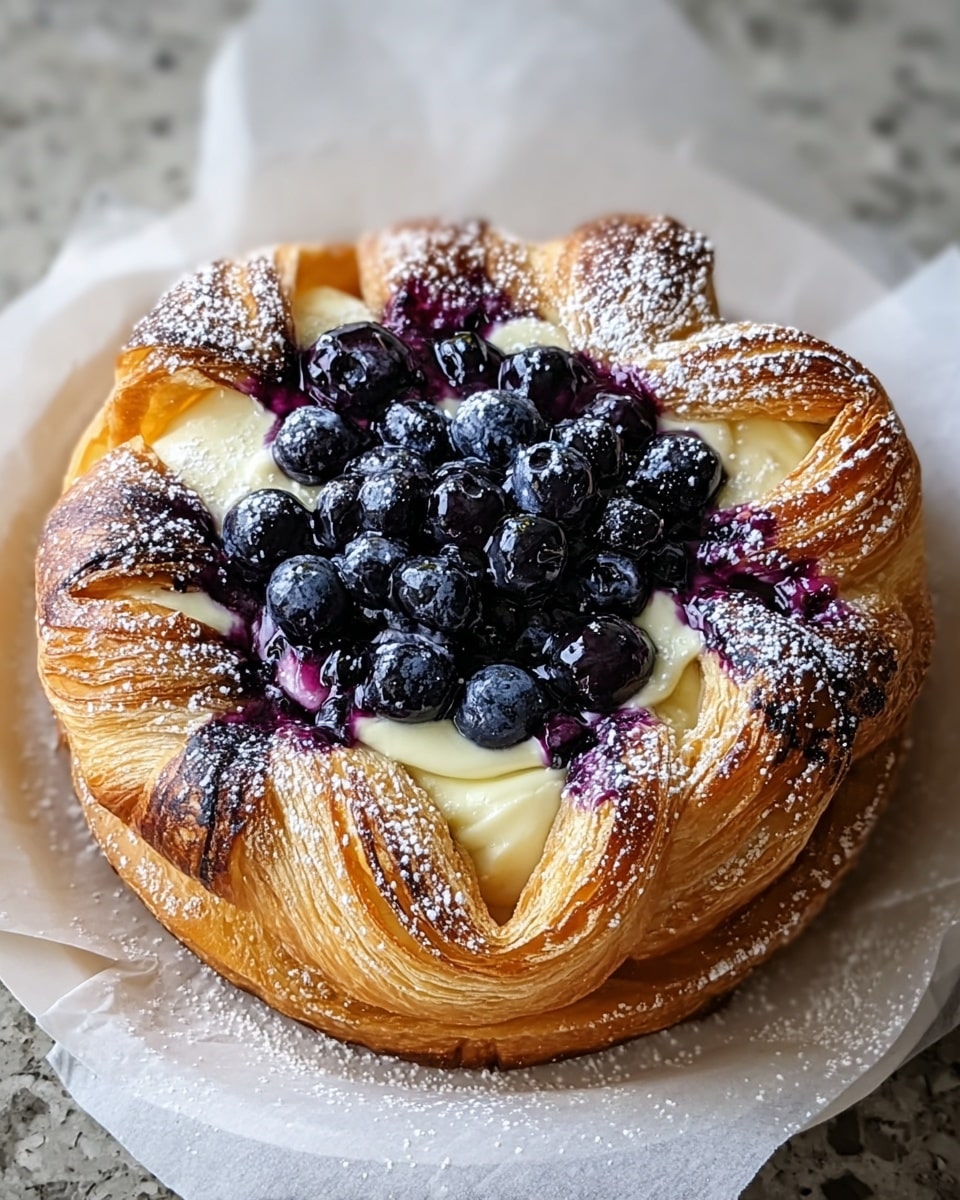A round baked pastry with a golden-brown crust, folded into four thick layered segments that frame the center, with some light dusting of powdered sugar on the edges. Inside, there is a creamy off-white custard filling that holds a cluster of plump, shiny deep blue blueberries, some slightly covered with blueberry juice that has a rich purple color. The pastry sits on a white paper liner, all placed on a white marbled textured surface. photo taken with an iphone --ar 4:5 --v 7