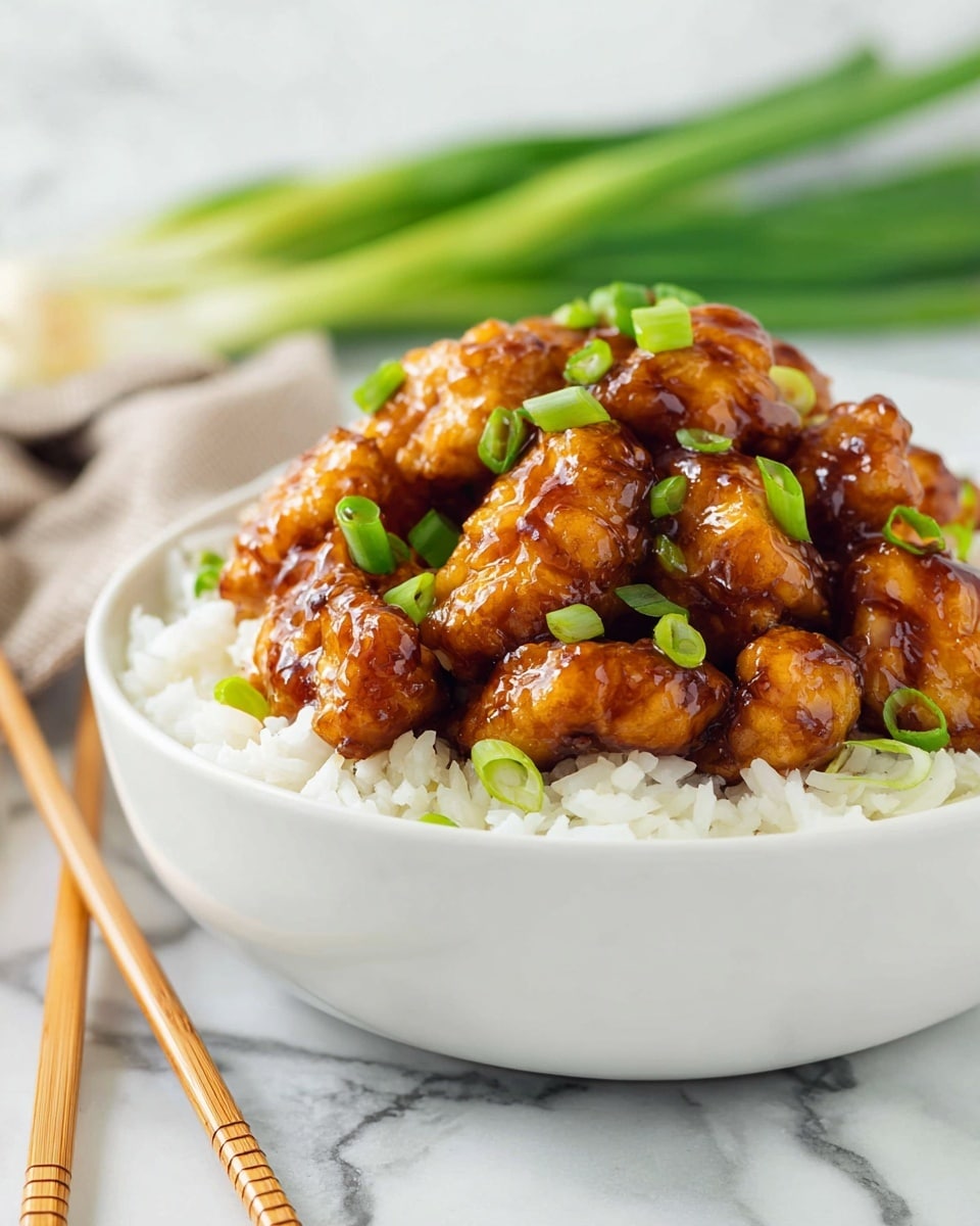 A white bowl filled with a base layer of white sticky rice showing small, round grains tightly packed. On top is a generous pile of golden brown, glossy chicken pieces coated with a shiny glaze. Scattered across the chicken are small, bright green chopped scallions that add a fresh contrast. The bowl sits on a white marbled surface with light wooden chopsticks placed beside it, and some out-of-focus green scallion stalks lie in the background. photo taken with an iphone --ar 4:5 --v 7