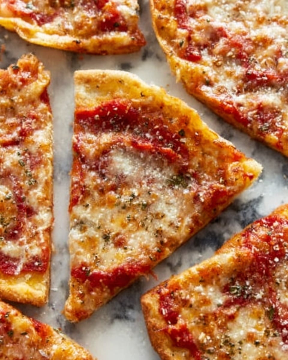 The image shows several slices of pizza with a golden brown crust, topped with melted cheese that has a slightly browned, bubbly texture. There are visible layers of red tomato sauce under the cheese, creating a rich contrast. The crust edges are thin and crispy with a light golden color. The slices are arranged close together on a white marbled surface, showing some areas where the cheese has caramelized and sprinkled with a dusting of grated cheese or seasoning. photo taken with an iphone --ar 4:5 --v 7