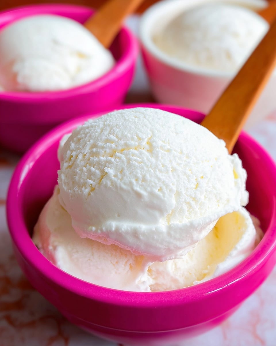 A single scoop of smooth, creamy vanilla ice cream with a slightly textured surface sits in a small, white bowl. The ice cream is off-white with tiny air pockets and a soft, melting edge on one side. The bowl has a shiny finish and is placed on a white marbled surface. In the background, two more white bowls with the same ice cream are partially visible, each with colorful rims in orange and yellow. A wooden spoon handle peeks out from behind the main bowl. photo taken with an iphone --ar 4:5 --v 7