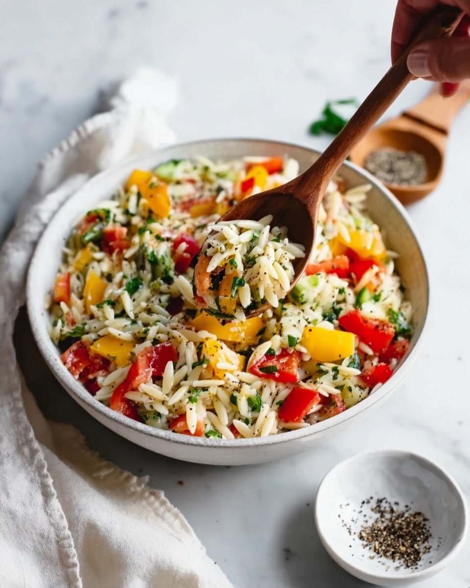 A white bowl filled with a colorful orzo pasta salad sits on a white marbled surface. The bottom layer is small, rice-shaped orzo pasta in a pale yellow color. Mixed throughout are chopped red tomatoes, small bright green peas, and diced orange and yellow bell peppers, creating a vibrant and fresh look. There is a wooden spoon scooping into the salad, held by a woman's hand. Nearby, there is a light gray and white striped cloth napkin and part of a silver fork visible on the right side. The photo taken with an iphone --ar 4:5 --v 7