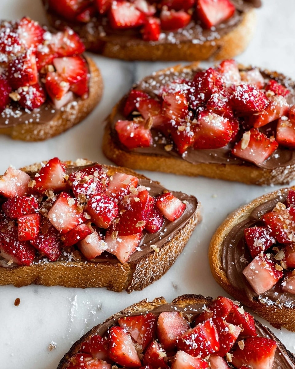 The image shows several pieces of toasted bread with uneven edges, each topped with a smooth, shiny layer of chocolate spread. On top of the chocolate spread, there is a generous pile of small, chopped strawberries in bright red and light pink colors, covering most of the surface. Small white powdered sugar sprinkles are scattered lightly over the strawberries and edges of the toast. The toasts are arranged on a white marbled surface, and the lighting highlights the glossy texture of the chocolate and the freshness of the strawberries. photo taken with an iphone --ar 4:5 --v 7