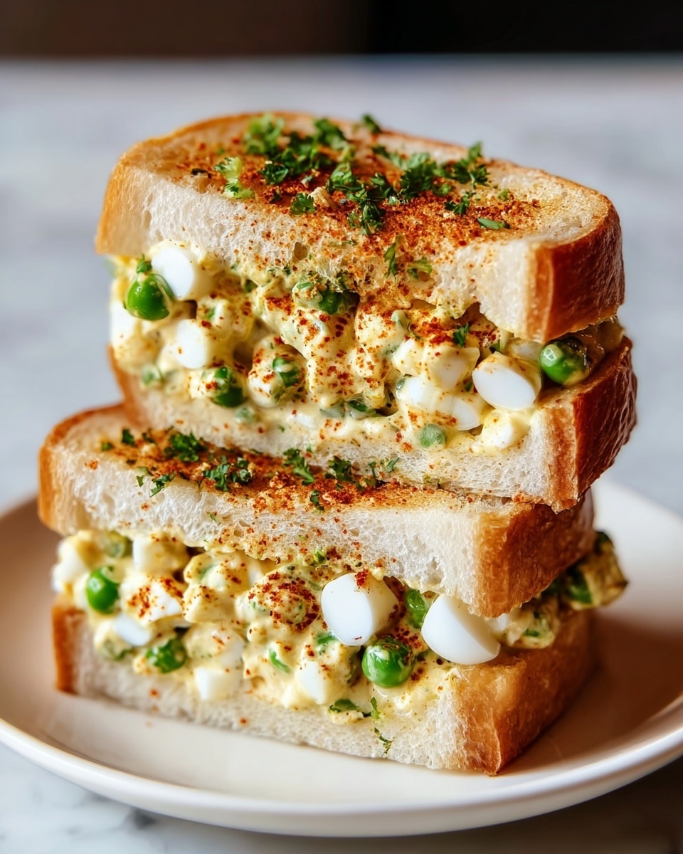 This image shows a sandwich cut in half and stacked vertically on a white plate, placed on a white marbled surface. Each half of the sandwich has three main layers: the outer crust is golden-brown and slightly crispy; inside, there is a creamy yellow layer mixed with green peas and small white round pieces, possibly cheese or eggs; sprinkled on top of the filling and edges are small bits of red spices and green herb pieces, adding texture and color contrast. The sandwich looks soft inside with a rough crunchy crust, and some spice powder is lightly scattered on the plate below. Photo taken with an iphone --ar 4:5 --v 7