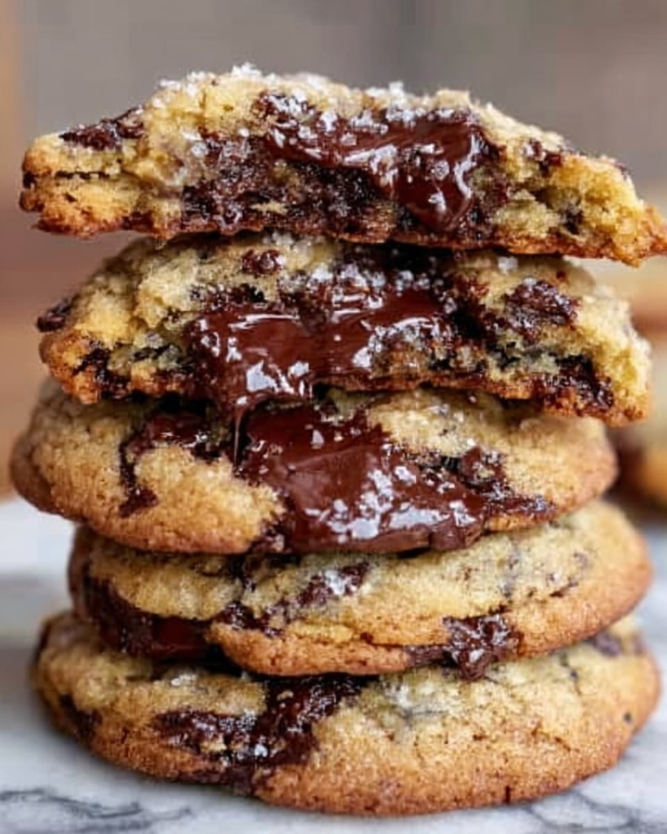 A close-up view of a stack of four chocolate chip cookies with melty dark chocolate chunks visible inside and on top, the top cookie broken in half showing gooey chocolate filling. The cookies have a rough texture with golden brown crispy edges and a soft center with small lighter and darker spots. The stack is held by a woman's hand from the side, with blurred out background and soft natural light. The whole scene is set on a white marbled surface. photo taken with an iphone --ar 4:5 --v 7