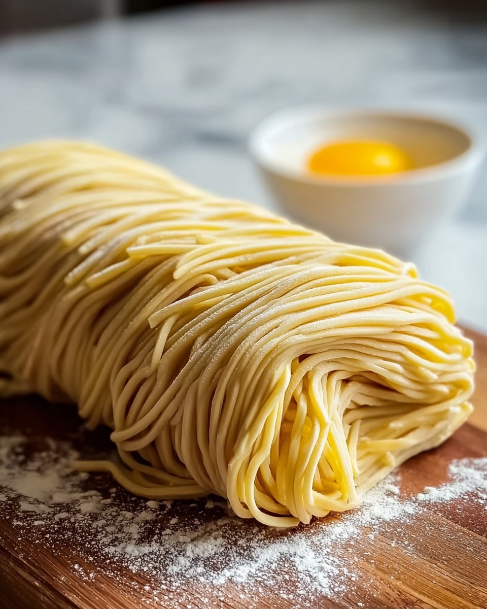 A close-up view of a tightly folded bundle of fresh noodles, pale yellow in color with a smooth and slightly powdery texture from a light dusting of flour. The noodles are layered side by side in neat rows, creating a thick, rectangular shape that rests on a wooden surface with scattered white flour around it. In the background, there is a small white bowl holding a half-soft boiled egg showing a runny golden yolk, slightly out of focus. The whole scene is set against a white marbled texture background. photo taken with an iphone --ar 4:5 --v 7