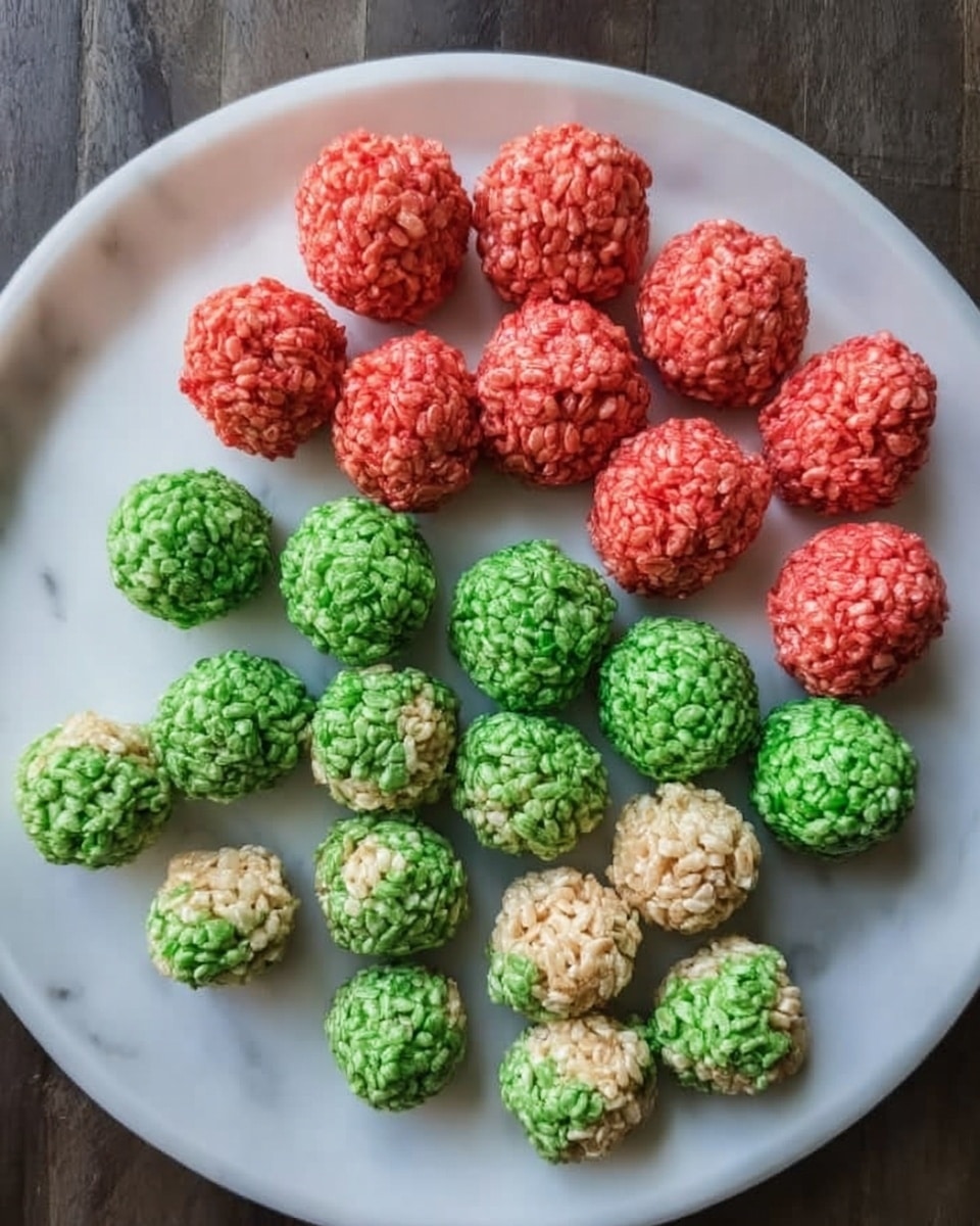 A white plate shows two rows of round, textured balls that look like they are made from crispy rice. The top row has bright red balls with a rough texture, and the two middle and bottom rows have bright green balls with a similar crunchy, grainy look. The balls are tightly packed in neat rows on the plate, which sits on a white marbled surface with some wooden edges visible on the side. photo taken with an iphone --ar 4:5 --v 7