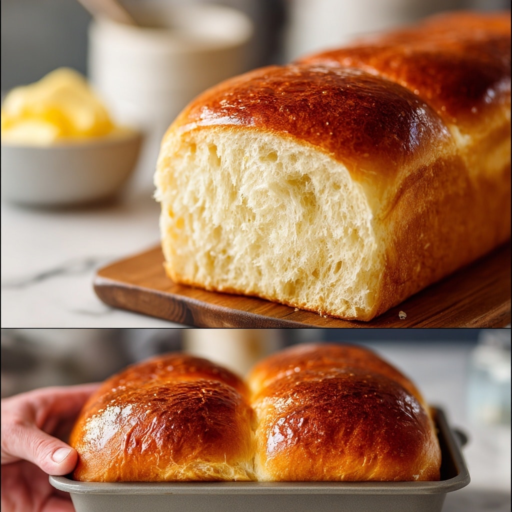 The image shows two views of a golden-brown homemade bread loaf. The top part displays a close-up of a single large loaf sliced to reveal the soft, fluffy, white inside with a slightly shiny, textured crust on top. The bread rests on a wooden board with a small dish of butter blurred in the background. The bottom part shows two whole loaves baked side by side in a metal loaf pan, with smooth, shiny golden tops that look soft and slightly puffed. The setting is on a white marbled surface with natural light highlighting the bread’s colors and textures. Photo taken with an iphone --ar 4:5 --v 7