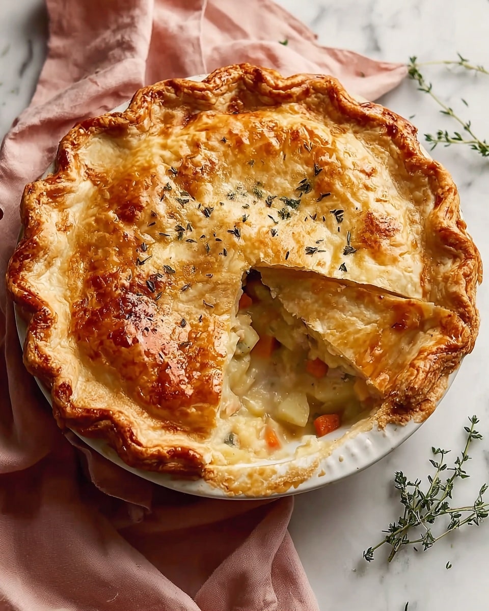 A golden brown pie with a thick, crimped crust sits on a white plate, resting on a soft pink cloth over a white marbled surface. The crust has a shiny, slightly flaky texture with some browned spots and small sprinkles of green herb on top. One slice is cut out, revealing a creamy filling with soft, pale yellow and light green pieces inside, suggesting vegetables in a rich sauce. A woman's hand holds the plate gently from beneath. Photo taken with an iphone --ar 4:5 --v 7