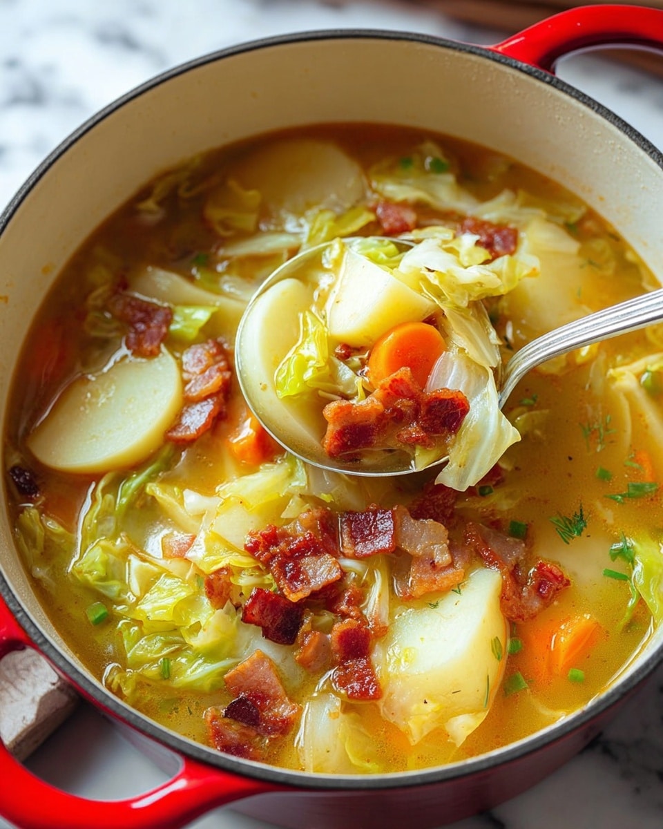 A white pot filled with a clear golden broth soup with several thick potato slices floating on top, along with soft orange carrot pieces and light green cabbage chunks. Crispy reddish-brown bacon bits are scattered on top, adding texture and color contrast. Small green herb leaves are sprinkled lightly across the soup. A shiny silver spoon is partially submerged in the broth, with a potato piece resting on it. The pot sits on a white marbled surface with a soft fabric partially visible underneath. Photo taken with an iphone --ar 4:5 --v 7