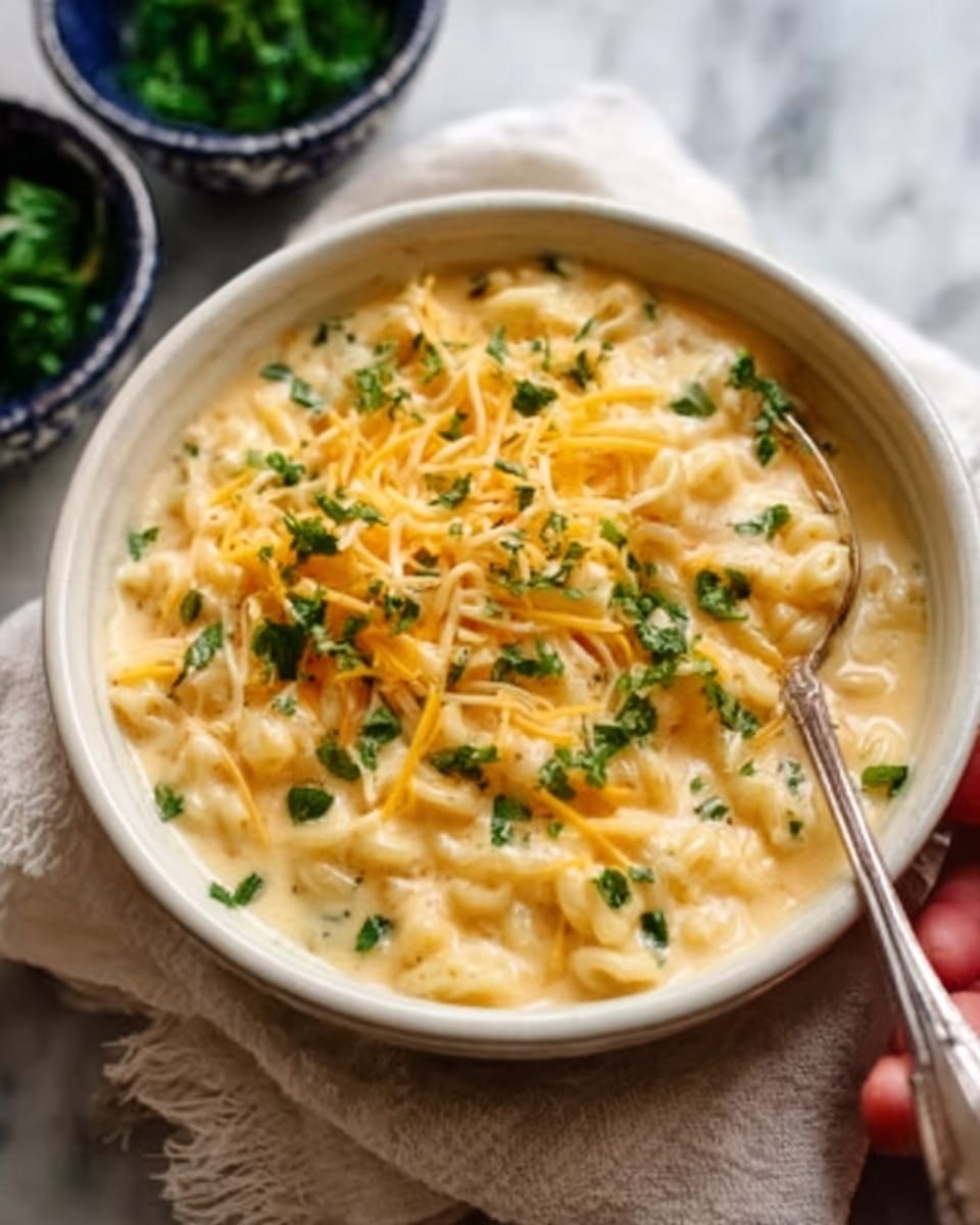 A white bowl filled with creamy soup topped with shredded cheese and chopped green herbs scattered evenly across the surface; the soup has a rich yellow color with some small pieces of red, possibly tomatoes or peppers, visible underneath the cheese layer. The bowl sits on a white marbled surface with a silver spoon placed next to it, and a woman's hand is holding the side of the bowl. In the background, there are blurred bowls with green herbs and shredded cheese. Photo taken with an iphone --ar 4:5 --v 7