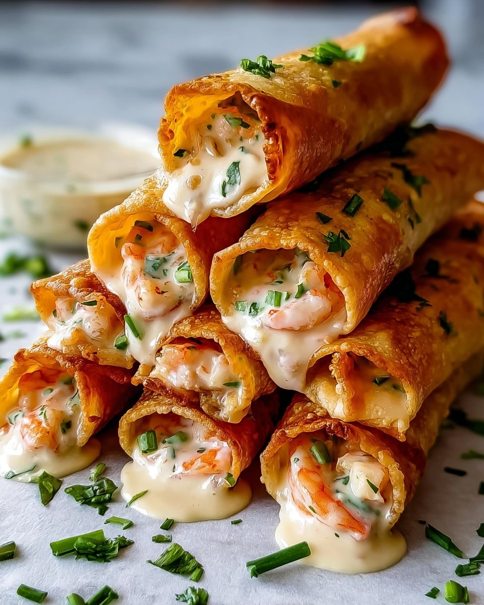 A close-up view of six golden-brown crispy rolled taquitos stacked in a pyramid shape on white paper, each filled with creamy white sauce mixed with small pieces of orange shrimp and bits of green herbs. The golden rolls have a crunchy texture with some darker brown spots, and creamy sauce drips slightly from the bottom taquitos. Small green herb pieces are scattered around the taquitos on the white marbled surface. Photo taken with an iphone --ar 4:5 --v 7