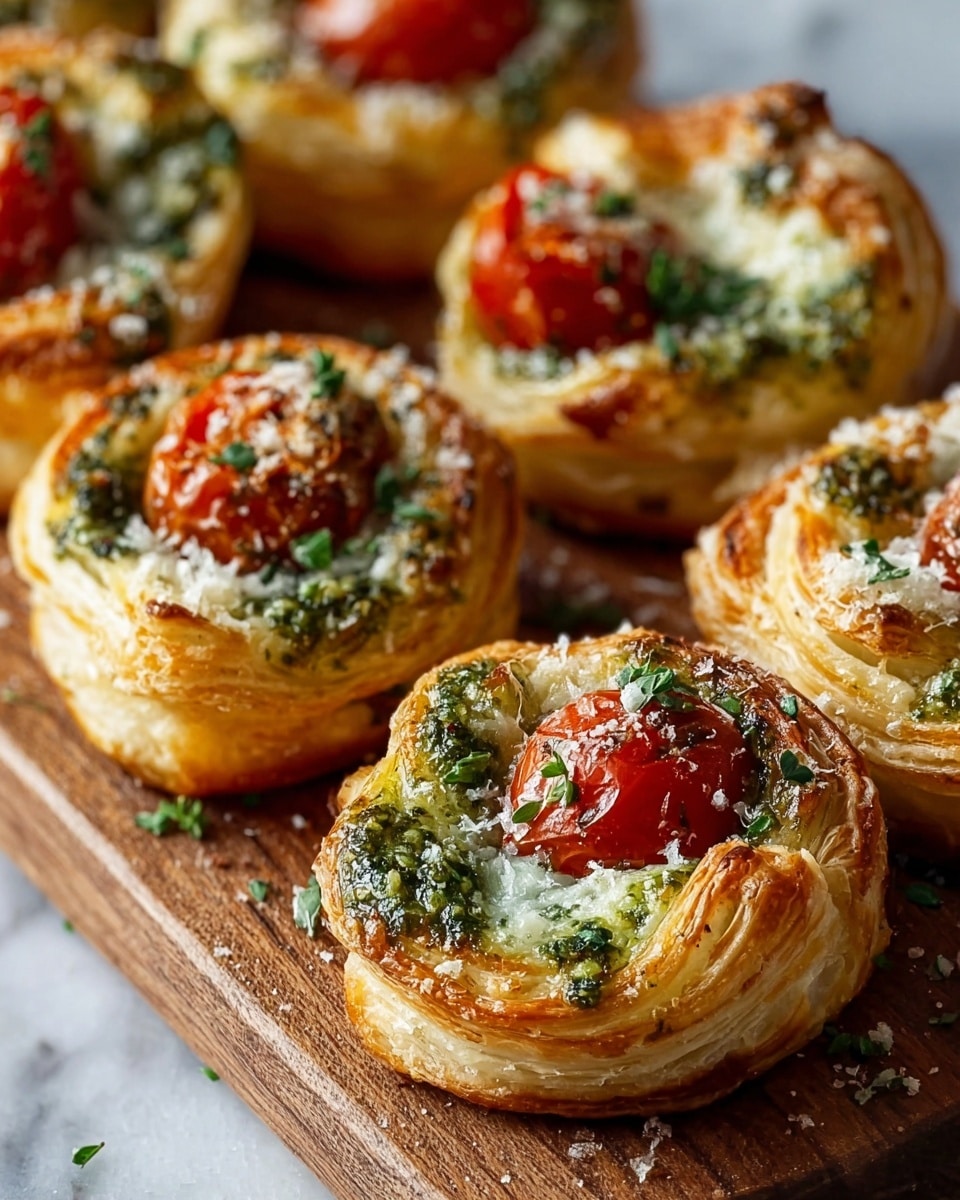 The image shows several round puff pastry pinwheels with about three visible layers of golden-brown, flaky crust forming the base and sides. Each pinwheel is topped with melted white cheese, vibrant green pesto spread unevenly on top, and a small, shiny, roasted cherry tomato positioned near the edge. The pinwheels are sprinkled lightly with white grated cheese and scattered green herb pieces, sitting on a wooden board that rests on a white marbled surface. The overall look is crispy and fresh with a mix of warm colors from the pastry, cheese, green pesto, and tomato. Photo taken with an iphone --ar 4:5 --v 7