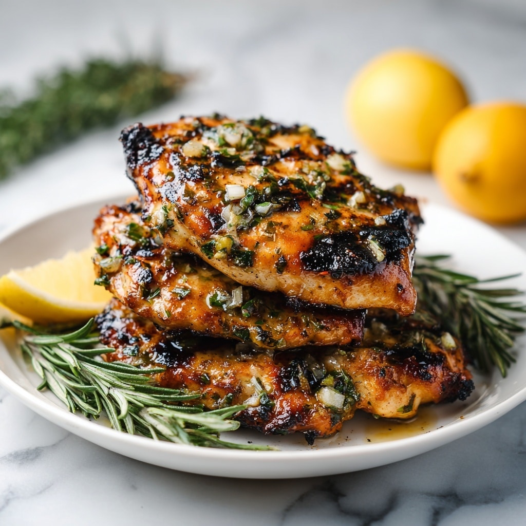 The image shows a close-up of grilled chicken breast pieces stacked on top of each other with a golden-brown, crispy texture and green herb bits sprinkled on the surface. There are small lemon wedges placed around the chicken, adding a fresh yellow contrast, and green rosemary sprigs at the side. The background is a white marbled texture. The photo is sharp and bright with a natural look, taken with an iphone --ar 4:5 --v 7