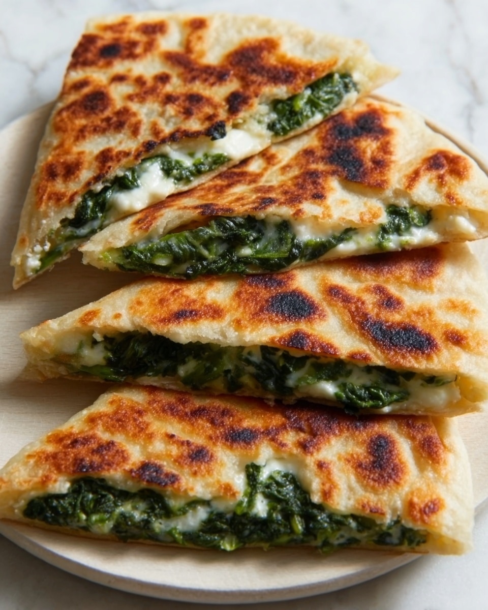 The image shows a round flatbread cut into four triangular pieces, arranged in a slightly overlapping way on a white plate. The flatbread has a golden brown, slightly crispy surface with some darker toasted spots. Inside, there is a visible green filling made of chopped leafy vegetables that looks fresh and moist. The bread looks soft on the inside and thin but sturdy enough to hold the filling. The plate sits on a white marbled surface. photo taken with an iphone --ar 4:5 --v 7