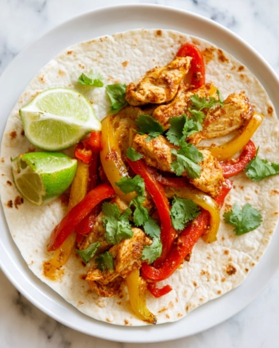 A white plate holds a soft, lightly toasted tortilla with several layers on top. The base layer is pieces of cooked, seasoned chicken with a golden-brown color. On top of the chicken are soft slices of red and yellow bell peppers, adding bright color and texture. Fresh green cilantro leaves are scattered over the chicken and peppers, adding a fresh look. Two green lime wedges sit on the side of the tortilla, completing the dish. The background is a white marbled surface. Photo taken with an iphone --ar 4:5 --v 7
