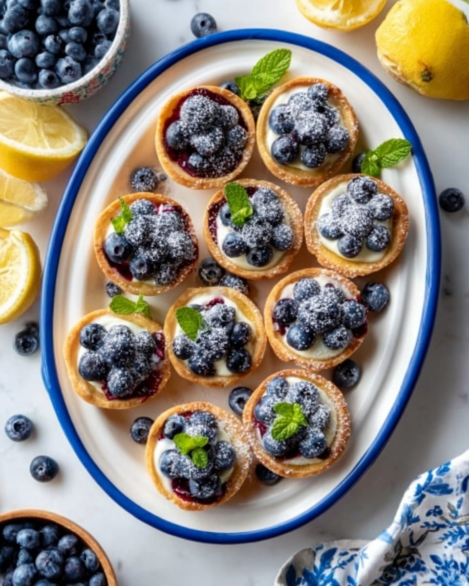 An oval white plate with a blue rim holds eleven small tarts arranged neatly. Each tart has a golden-brown crust filled with a creamy white filling topped with fresh blueberries and lightly sprinkled powdered sugar for a soft snowy look. One tart is being gently held by a woman's hand at the edge of the plate. Around the plate, bright yellow lemon halves and loose blueberries add a fresh touch, all set on a white marbled surface. Photo taken with an iphone --ar 4:5 --v 7
