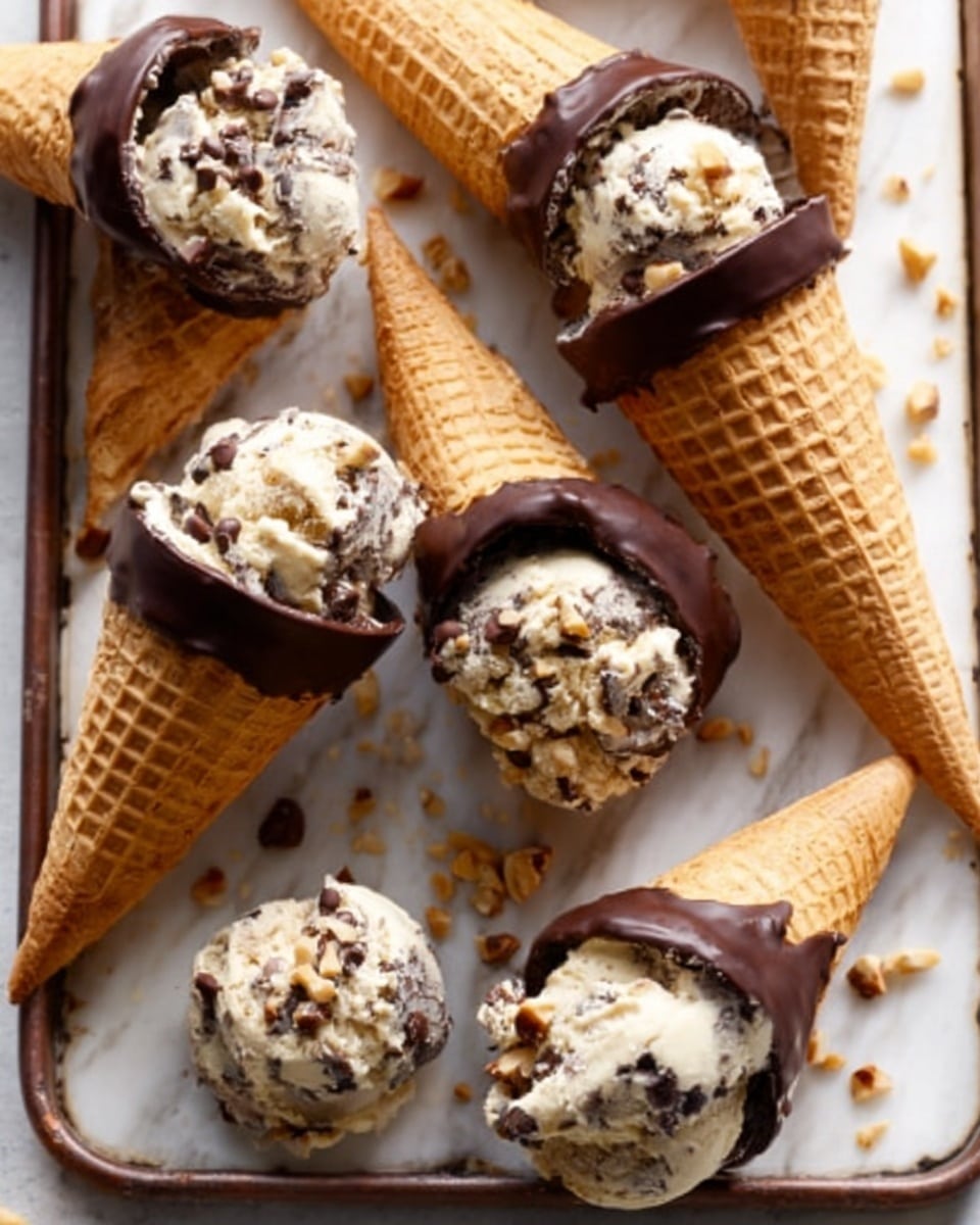 The image shows several ice cream cones filled with light brown ice cream with dark chocolate chips mixed in. Each cone is dipped in glossy dark chocolate at the top edge, creating a shiny, smooth layer that contrasts with the rough waffle texture of the cones. The cones are arranged on a white marbled surface with some pieces of nuts scattered around them. There is one scoop of the same ice cream placed outside the cones on the surface near the bottom left. The ice cream looks creamy and soft, while the chocolate dipping appears firm and rich. Photo taken with an iphone --ar 4:5 --v 7