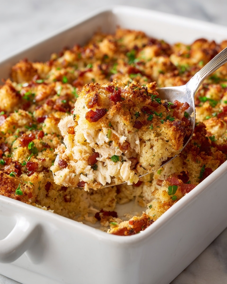The image shows a close-up of a baked casserole in a white rectangular dish with blue handles, resting on a white marbled surface. The casserole has a golden-brown crumbly top layer with some green chopped herbs sprinkled on it. A silver spoon is lifting a serving from the dish, revealing soft, creamy layers beneath the crispy top. The inside looks mixed with small red bits, likely pieces of bacon or ham, along with a creamy, slightly gooey texture. The dish looks warm and comforting. Photo taken with an iphone --ar 4:5 --v 7