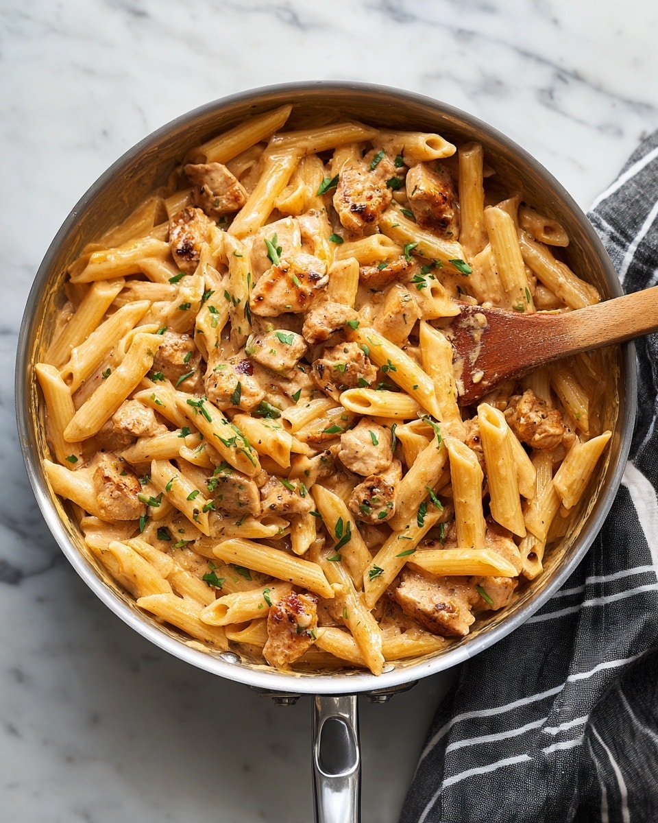A top view of a large silver pan filled with creamy pasta dish, showing penne pasta in a light brown sauce mixed with chunks of cooked chicken pieces and garnished with chopped green onions scattered evenly on top. A wooden spoon rests inside the pan on the right side, partly covered with the sauce. The pan sits on a white marbled surface with a black and white striped cloth partially visible under the handle. Photo taken with an iphone --ar 4:5 --v 7