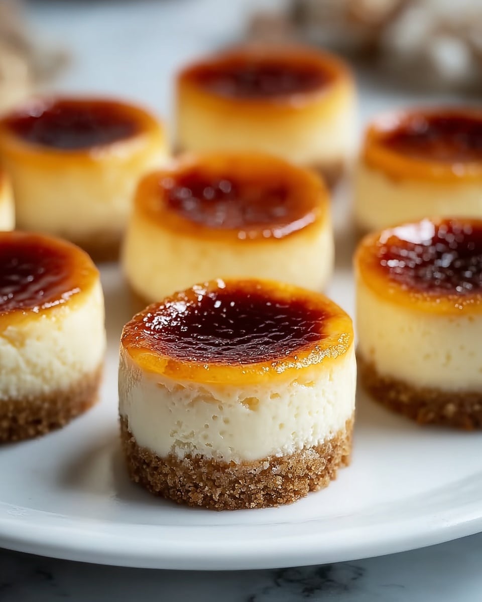 The image shows small round cheesecakes arranged on a white plate with a white marbled surface underneath. Each cheesecake has three visible layers: a light brown crumbly base at the bottom, a thick creamy white middle layer, and a shiny caramelized golden brown top with darker spots in the center, giving it a burnt sugar look. The cheesecakes' smooth sides contrast with the glossy, textured tops. The background is softly blurred, focusing attention on the front cheesecakes. photo taken with an iphone --ar 4:5 --v 7