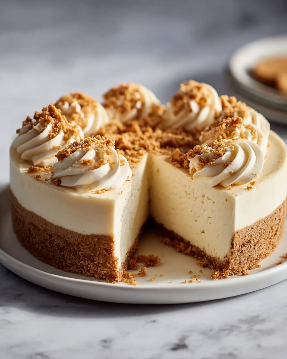 A round cheesecake with three thick layers sits on a white plate on a white marbled surface. The bottom layer is a medium brown crumbly crust. Above that is a thicker creamy off-white layer with a smooth texture. The top layer is a thin off-white cream, decorated with four swirls of white whipped cream, each sprinkled generously with golden-brown crumbled cookie pieces. Some crumbs are scattered on the plate near the cake. Photo taken with an iphone --ar 4:5 --v 7