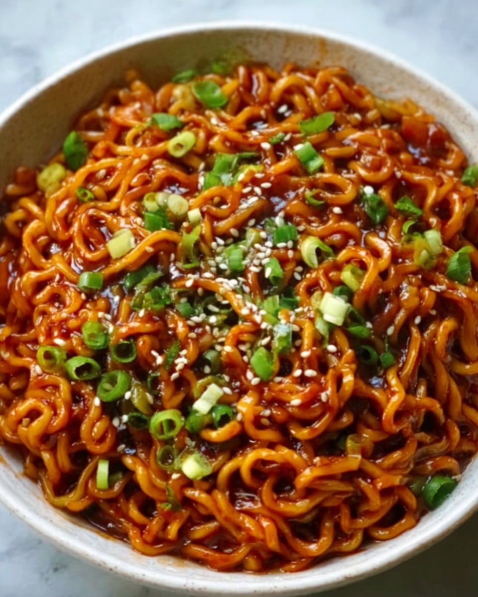 The image shows a close-up of a white bowl filled with cooked noodles coated in a shiny dark sauce. The noodles are curly and look soft, mixed with small pieces of vegetables like carrots. On top, there are white sesame seeds sprinkled evenly and bright green chopped spring onions giving a fresh look. The bowl sits on a white marbled surface. The lighting highlights the glossy texture of the sauce and the vibrant colors of the green onions and carrots. photo taken with an iphone --ar 4:5 --v 7