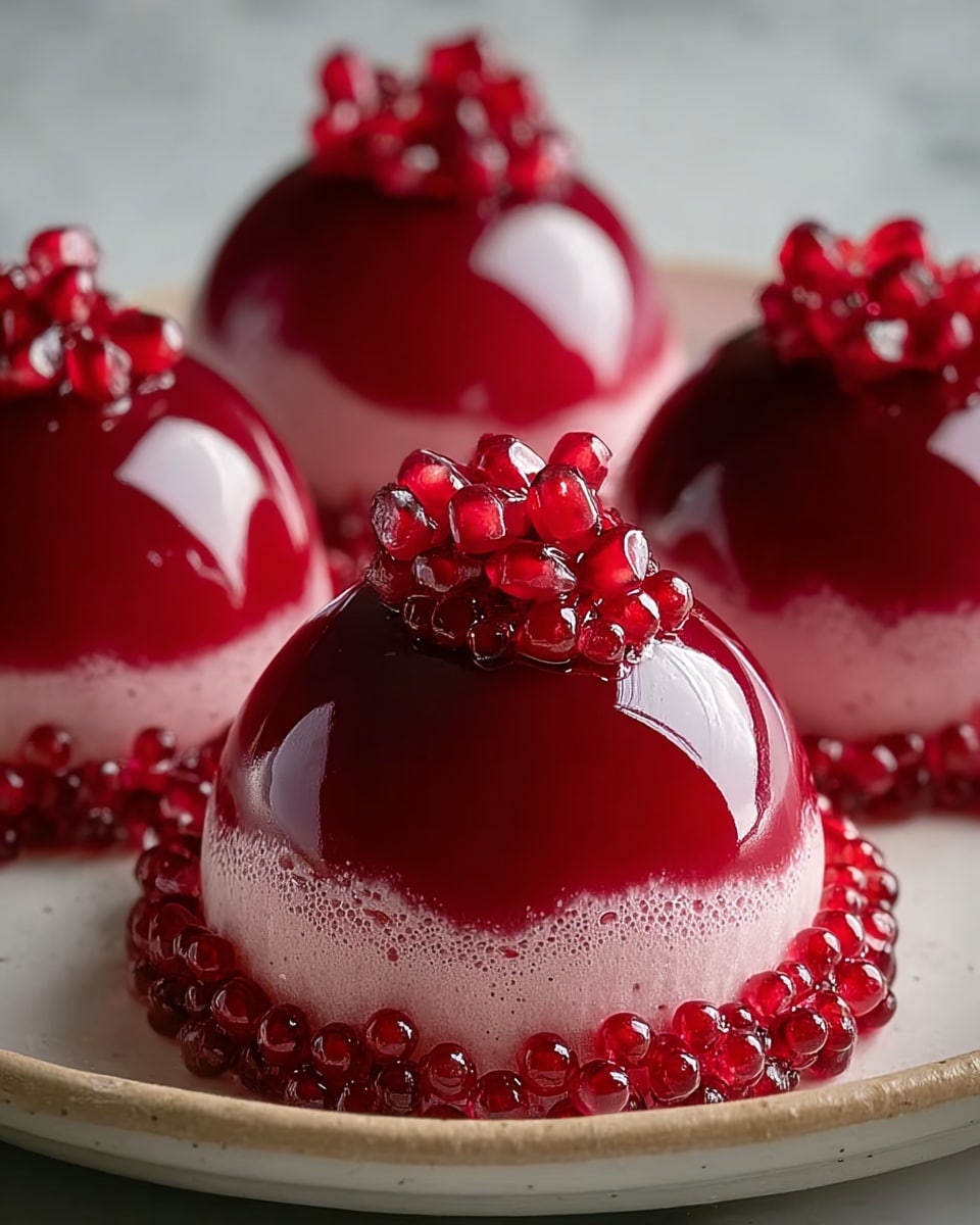The image shows round desserts with two visible layers placed on a white plate on a white marbled surface. The top layer is shiny and deep red, smooth and glossy like a mirror glaze. The bottom layer is light pink with a frothy, soft texture that gently curves upwards under the red layer. Each dessert is topped with a small cluster of bright, translucent pomegranate seeds and tiny sparkling red beads that also ring the base, adding a jewel-like decoration. The shiny surface reflects light clearly, enhancing the rich red and pink colors. Photo taken with an iphone --ar 4:5 --v 7