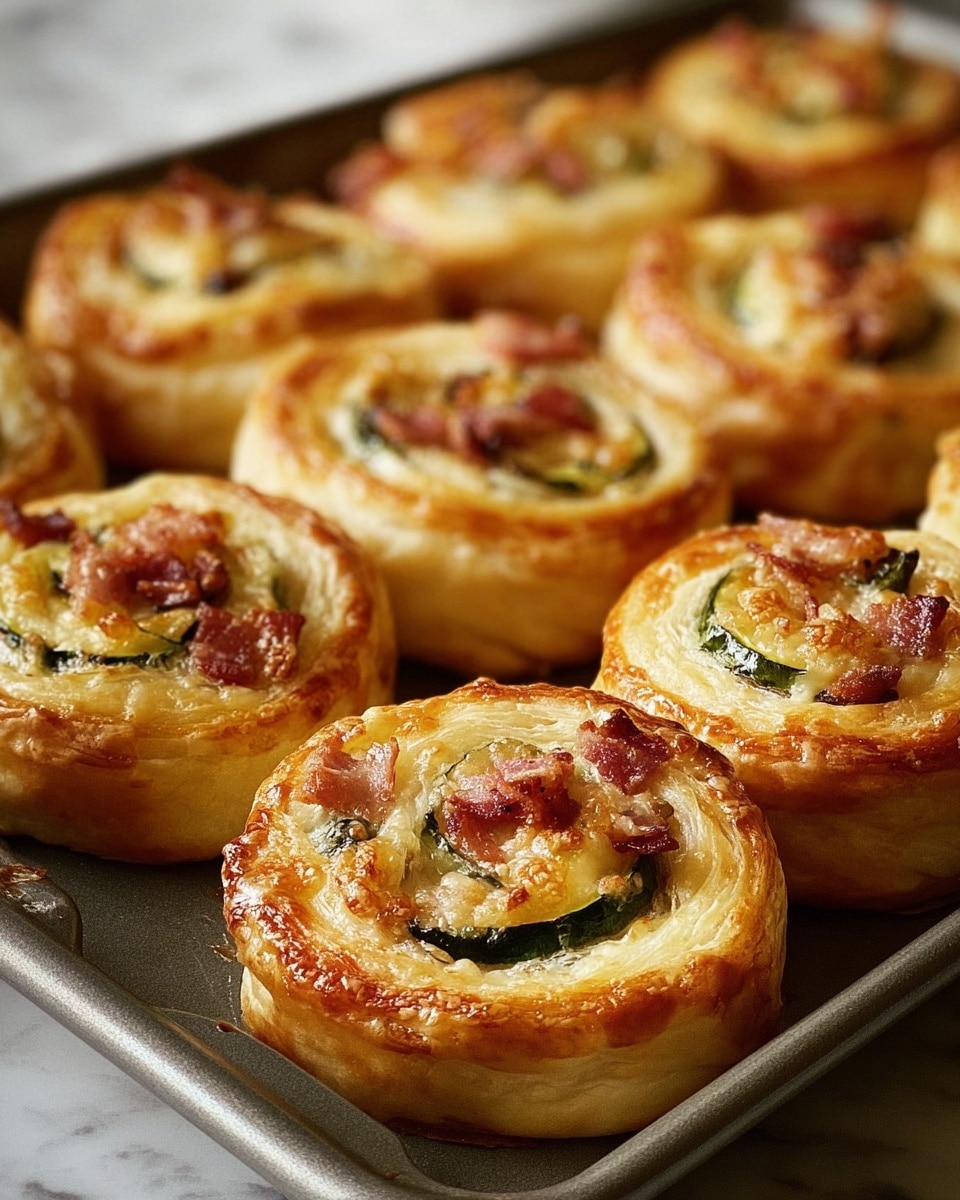 A close-up of several golden brown puff pastry pinwheels arranged on a metal baking tray, each pinwheel showing multiple flaky layers of light, crispy pastry forming a spiral shape. Inside the center of each swirl is a visible green layer of zucchini or cucumber, creamy white cheese, and small, crispy brown bacon pieces scattered on top. The texture of the pastry looks shiny and slightly glossy from the egg wash. The background has a soft focus with more pinwheels, set on a white marbled surface. Photo taken with an iphone --ar 4:5 --v 7