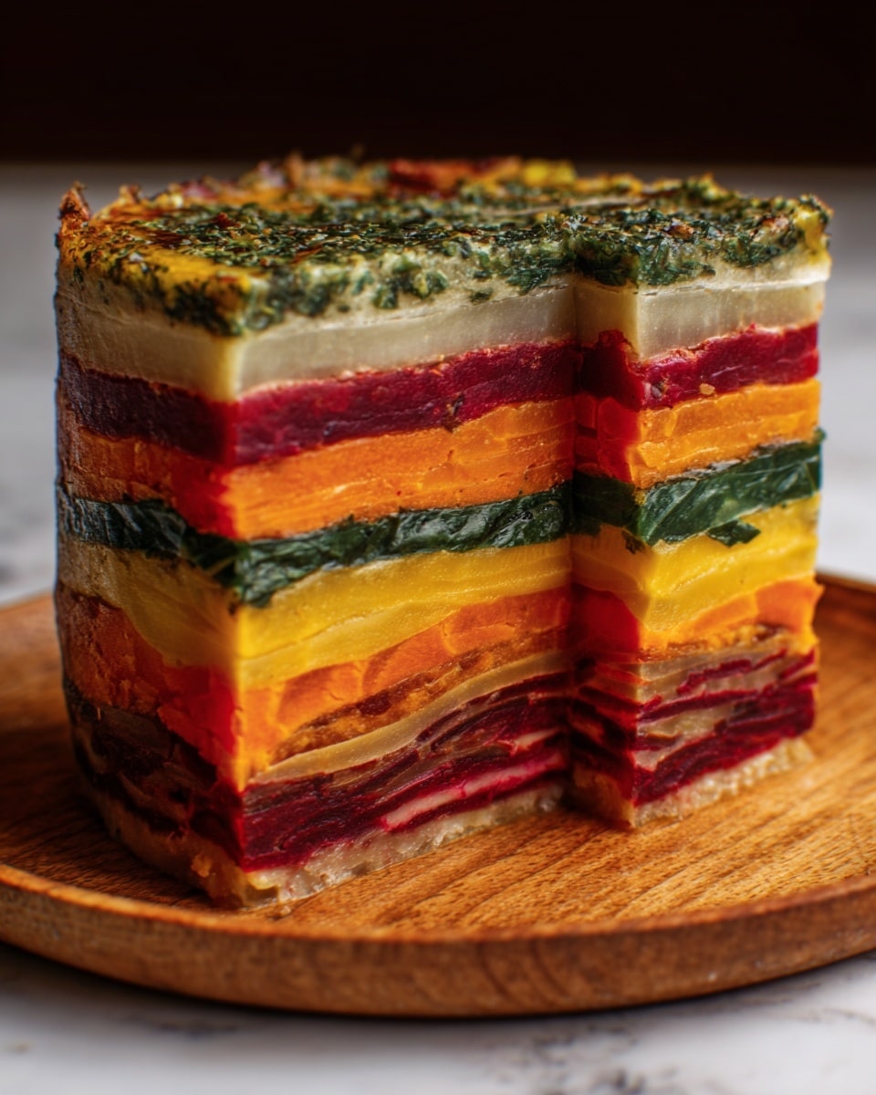 A tall, round slice of layered vegetable terrine sits on a white plate on a white marbled surface. The bottom layer is light beige with a smooth texture, followed by a deep red layer that looks soft and dense. Above that is a bright orange layer, then a dark green layer with a leafy texture. The fifth layer is a bright yellow-orange, topped with a thin, slightly charred green layer. The terrine is smooth on the sides, showing clear, even layers with vibrant colors stacked neatly. Photo taken with an iphone --ar 4:5 --v 7