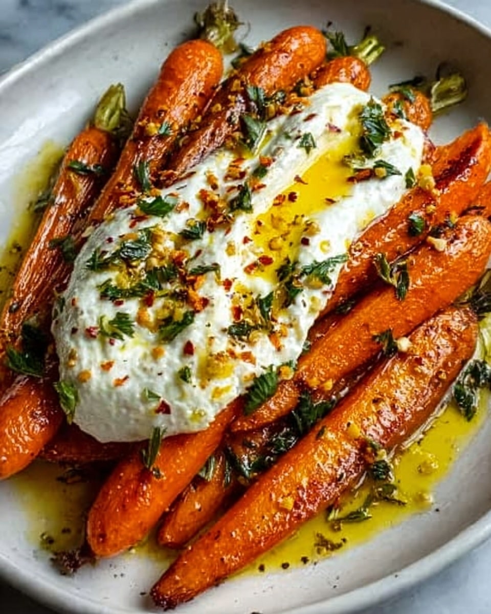 The image shows a white plate with several roasted carrots that are shiny and orange with a slightly browned, soft texture. On top of the carrots, there is a thick, white dollop of creamy cheese or yogurt, which has some orange sauce drizzled over and around it. Small green herb pieces are sprinkled on both the carrots and the creamy topping, adding a fresh look. The background is a white marbled surface. Photo taken with an iphone --ar 4:5 --v 7