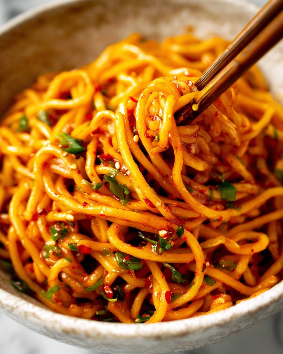 A close-up of a black bowl filled with tangled orange-colored noodles mixed with bright green chopped scallions and cilantro scattered throughout. The noodles are shiny with a light oily texture and small red chili flakes are visible, adding some brightness and spice to the dish. A pair of light wooden chopsticks is lifting a small bundled portion of the noodles from the bowl. The bowl sits on a white marbled surface with some green leaves blurred in the background. photo taken with an iphone --ar 4:5 --v 7