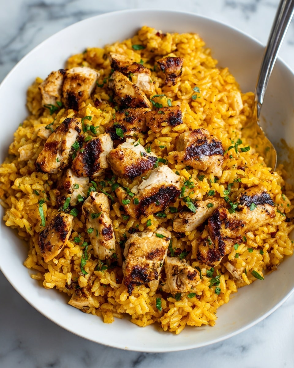 A white bowl filled with a layered dish starting with yellow-orange rice at the bottom, mixed with small bits of vegetables. On top are large pieces of grilled chicken with a golden-brown color. The chicken is covered with melted yellow cheese, which looks creamy and slightly browned. The dish is sprinkled with small green herbs, adding a fresh look on top. A spoon rests inside the bowl, and the background is a white marbled texture. photo taken with an iphone --ar 4:5 --v 7